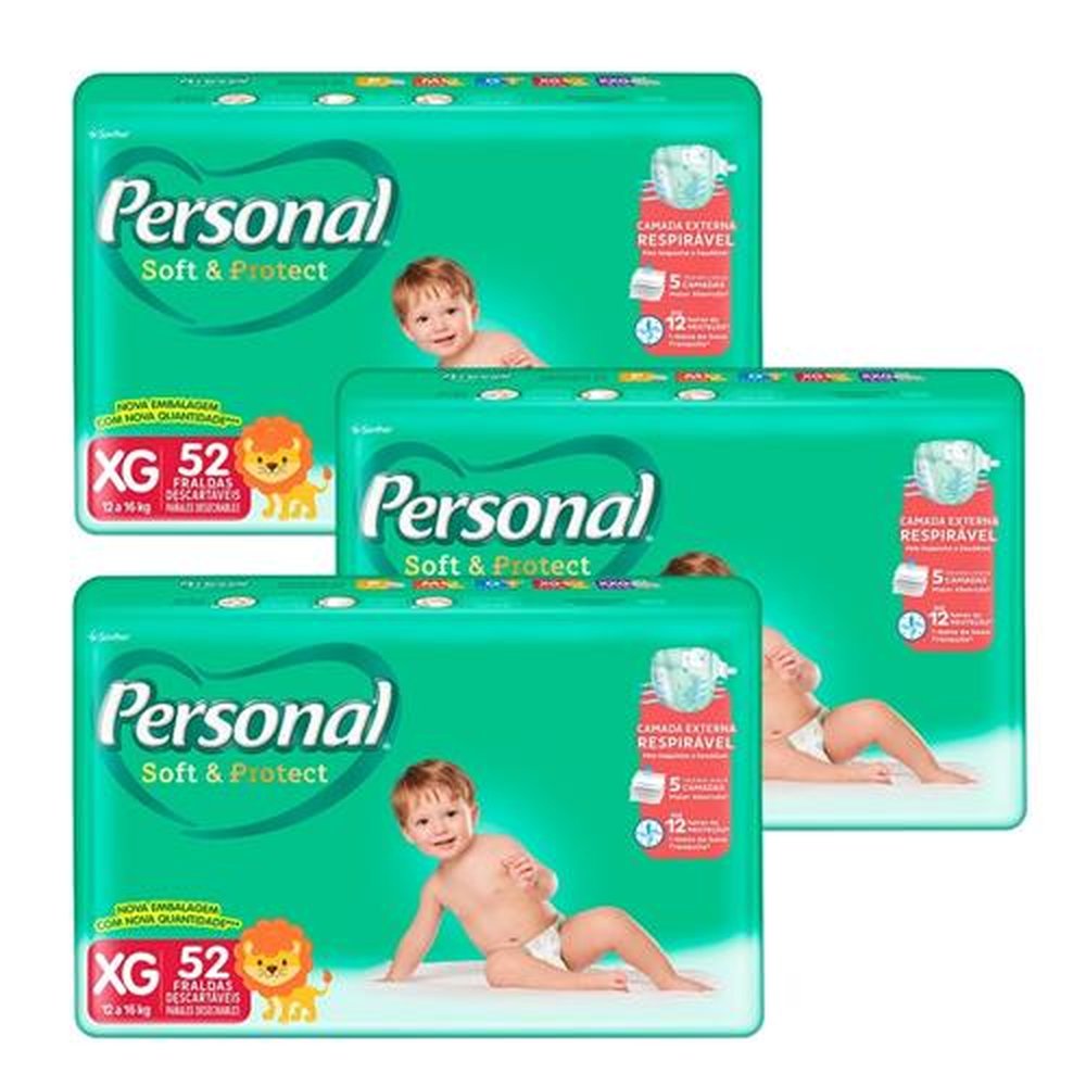 Fralda Descartável Personal Soft & Protect Tamanho XG - 3 Pacotes com 52 Fraldas - Total 156 Tiras