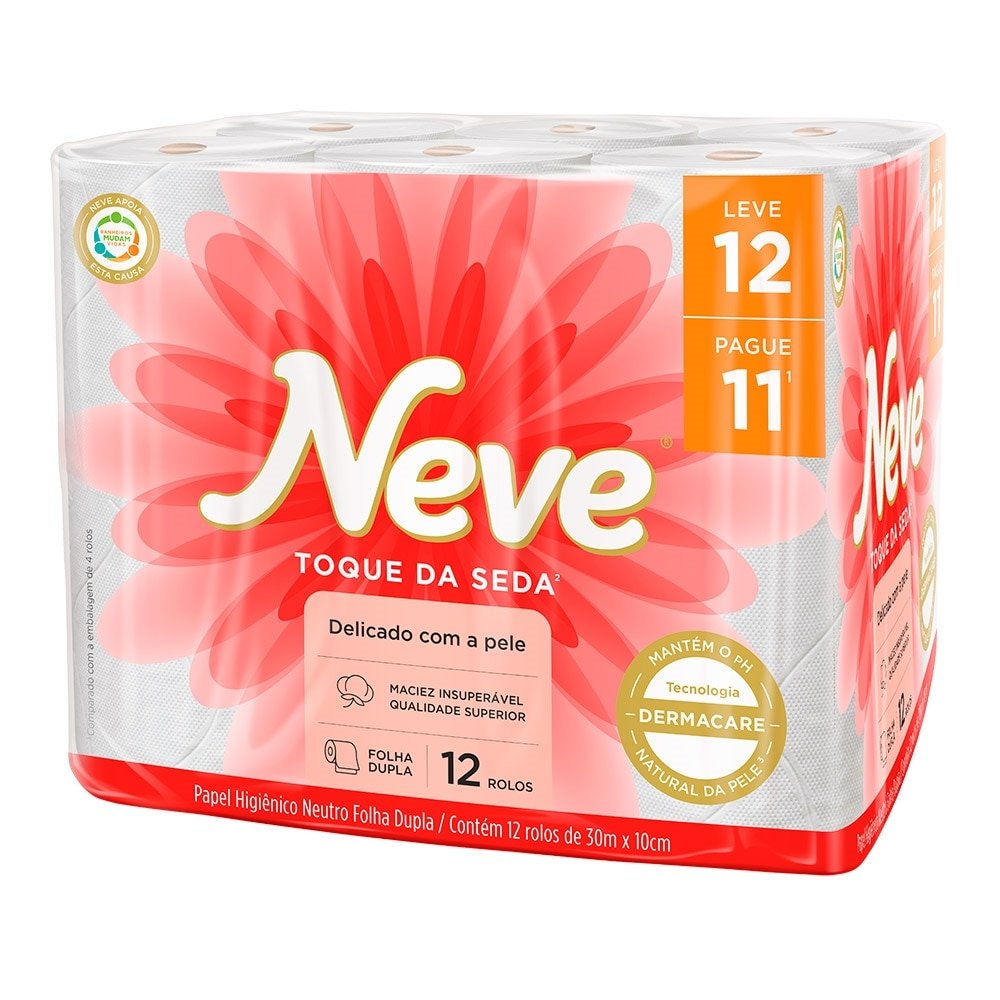 Papel Higiênico Neve Toque da Seda Folha Dupla 30m 6 Embalagens com 12 Unidades
