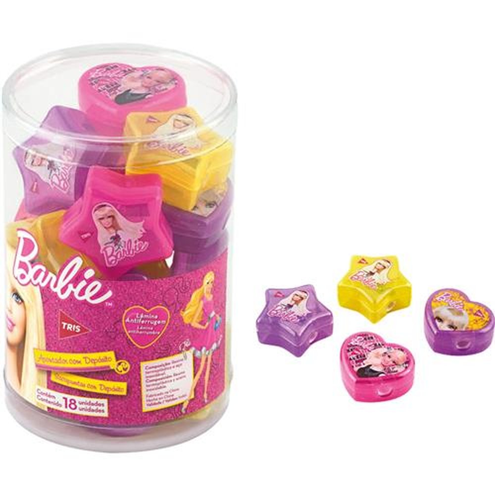 Apontador c/ Depósito Barbie Estrela e Coração Sortido Tris - Embalagem com 18 unidades