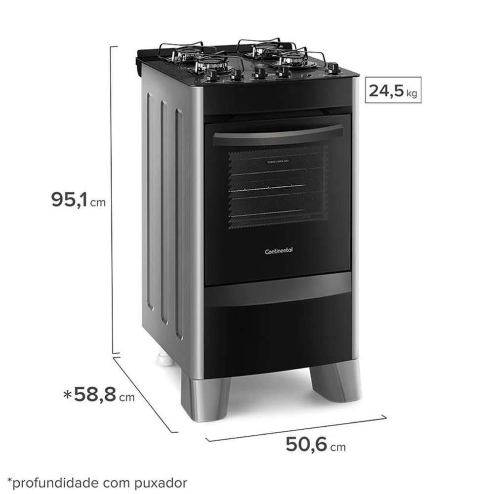 Fogão de Piso Continental 4 Bocas FC4VS, Mesa de Vidro, Acendimento Automático, Prata, Bivolt