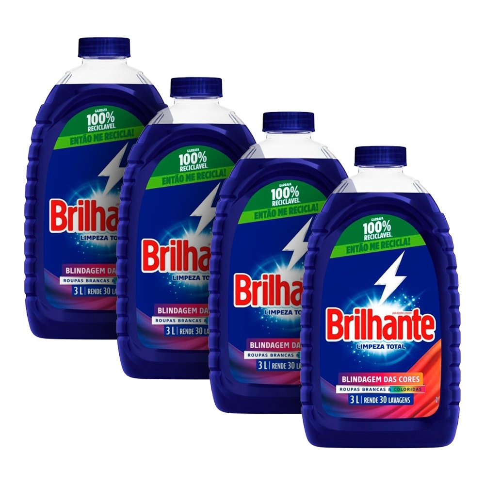 Sabão Líquido Brilhante Limpeza Total Brilho Ativo 3 Litros - Embalagem com 4 unidades