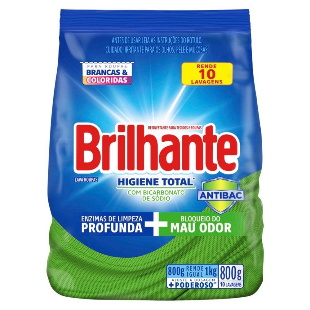 Sabão Em Pó Brilhante Higiene Total Sanitizante 800g - Embalagem com 16 unidades