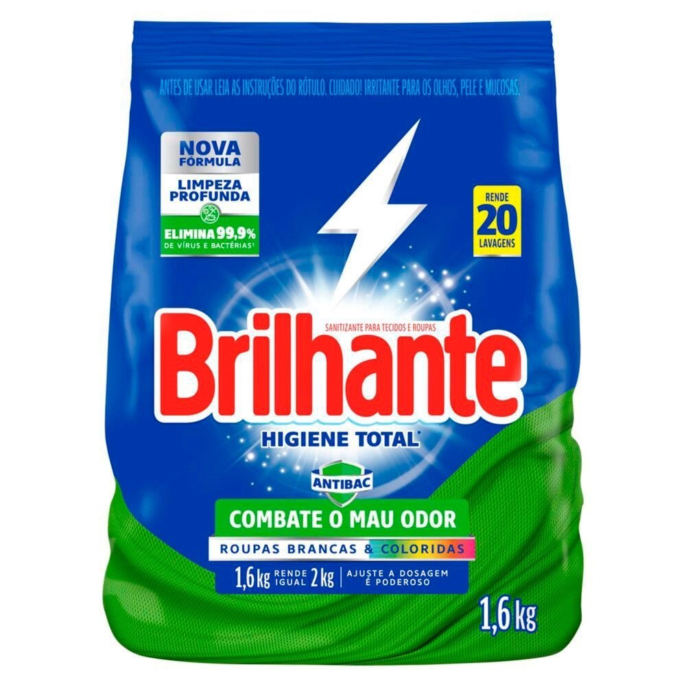 Sabão em Pó Brilhante Higiene Total Sanitizante 1,6Kg Embalagem com 7 Unidades