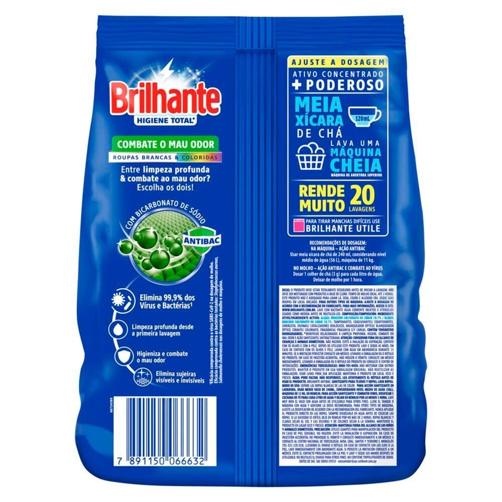 Sabão em Pó Brilhante Higiene Total Sanitizante 1,6Kg Embalagem com 7 Unidades