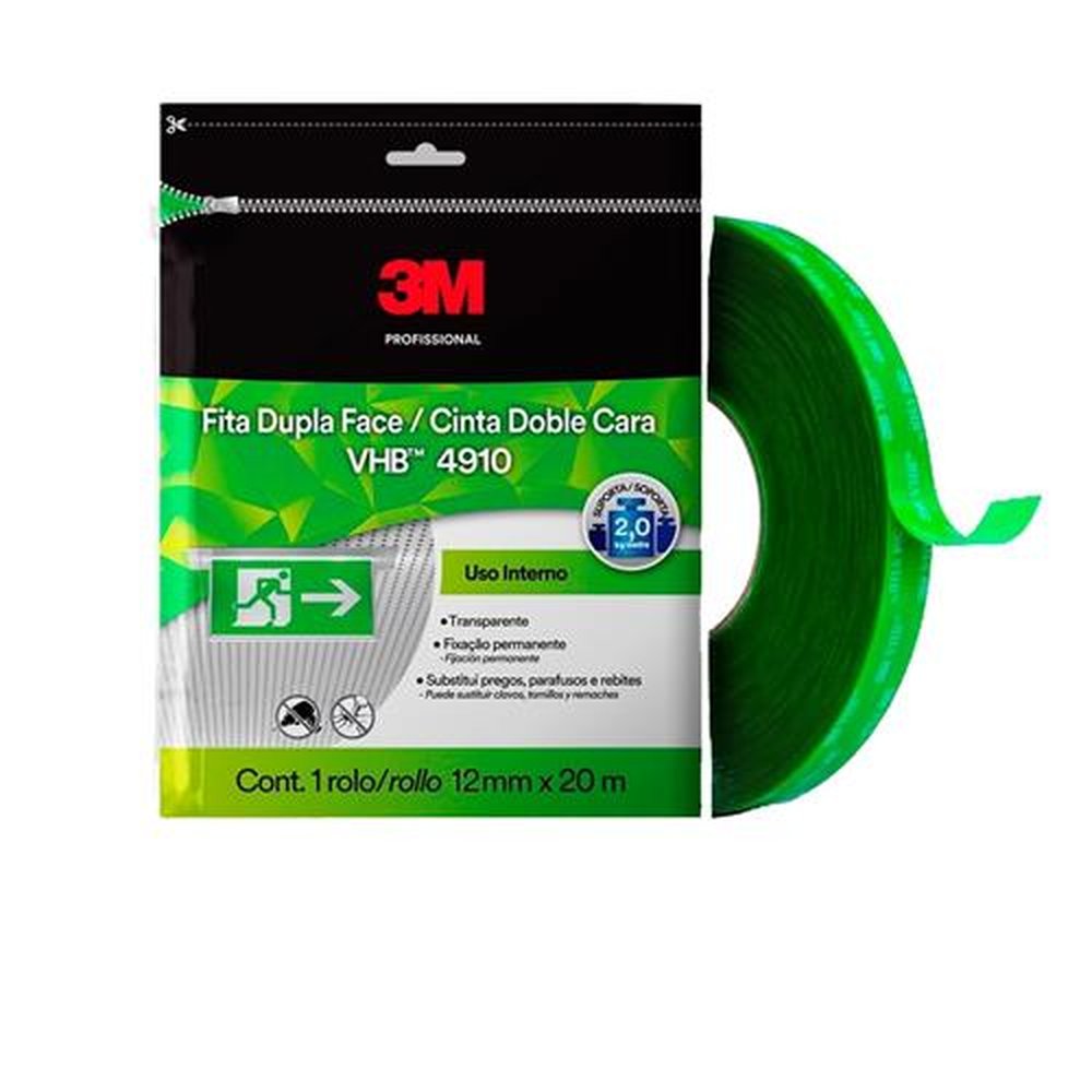 Fita Dupla Face 3m Fixa Forte VHB 4910 Transparente / Verde 12mm x 20m SM