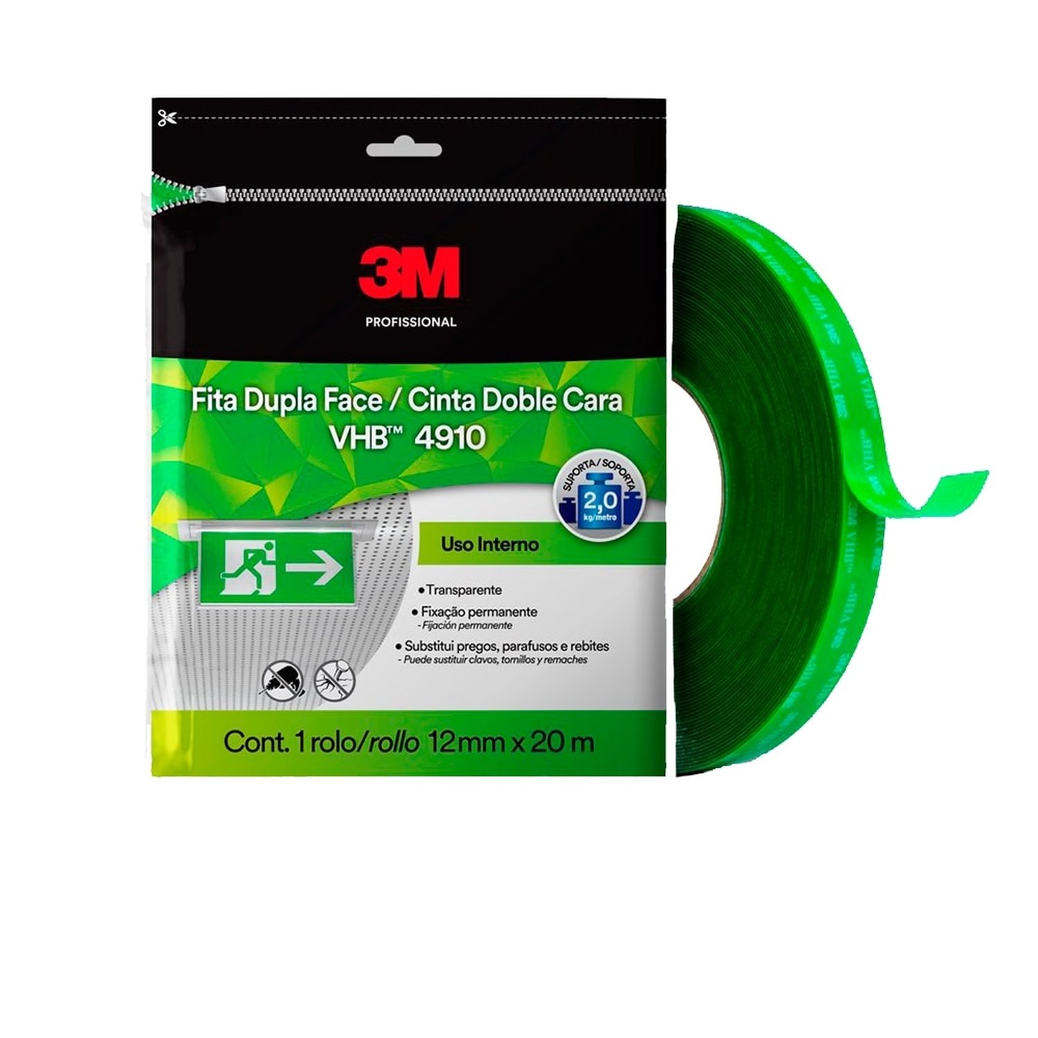 Fita Dupla Face 3m Fixa Forte VHB 4910 Transparente 12mmx20m SM