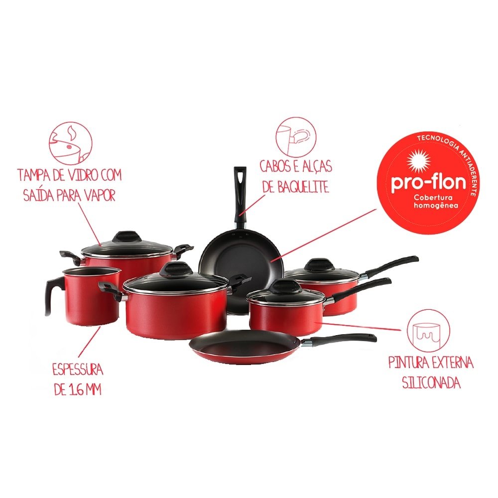 Jogo de Panelas Brinox Garlic Antiaderente Vermelha - 7 peças