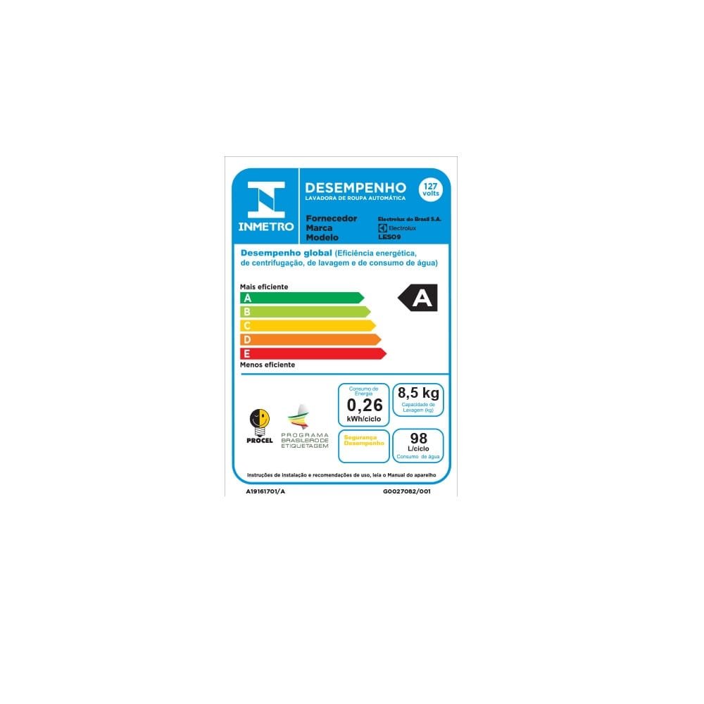 Máquina de Lavar Roupas 8,5Kg, Electrolux, LES09, Essencial Care, Branca, 110V