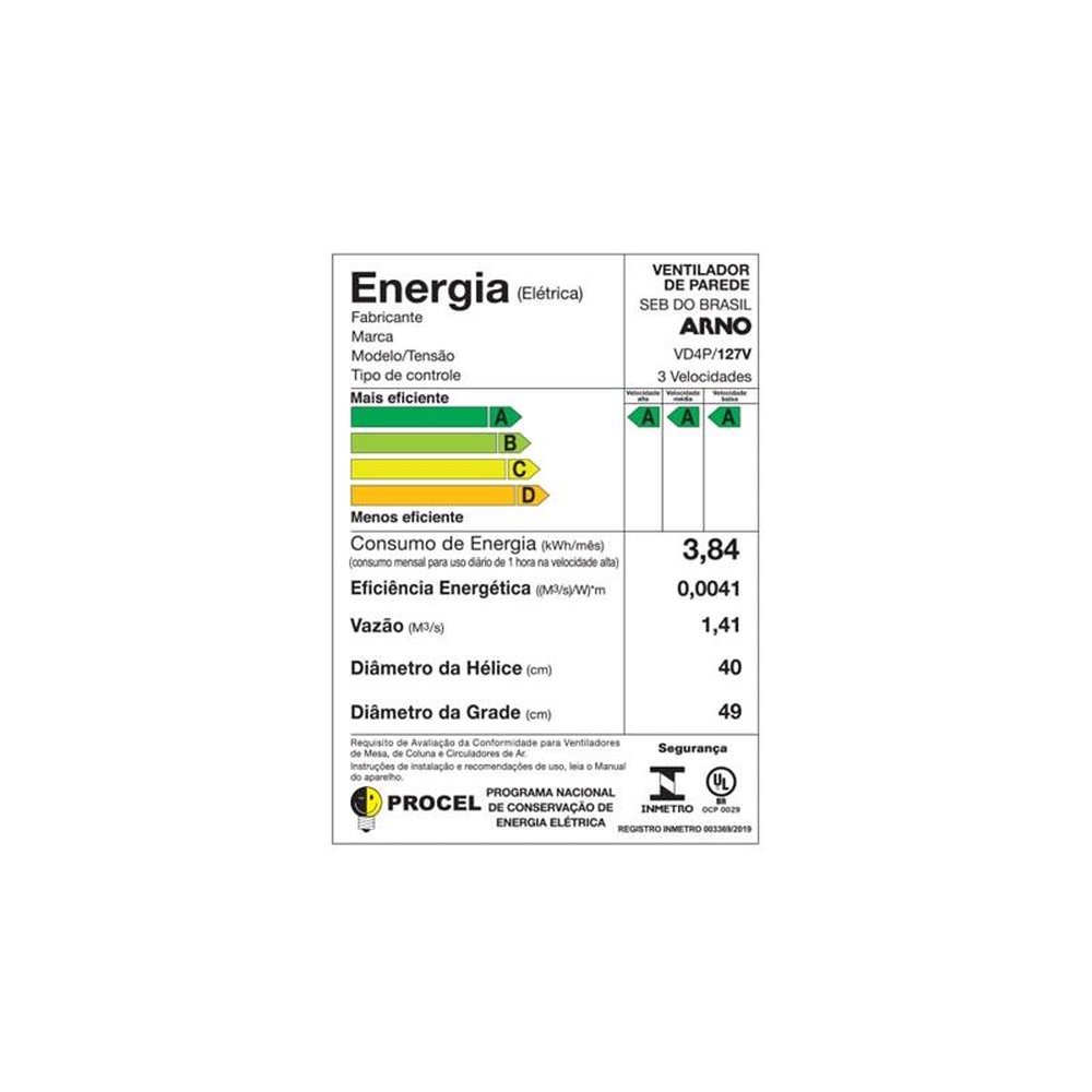 Ventilador de Parede Arno VD4P Ultra Silence Force, 40cm, 3 Velocidades, Preto 110V