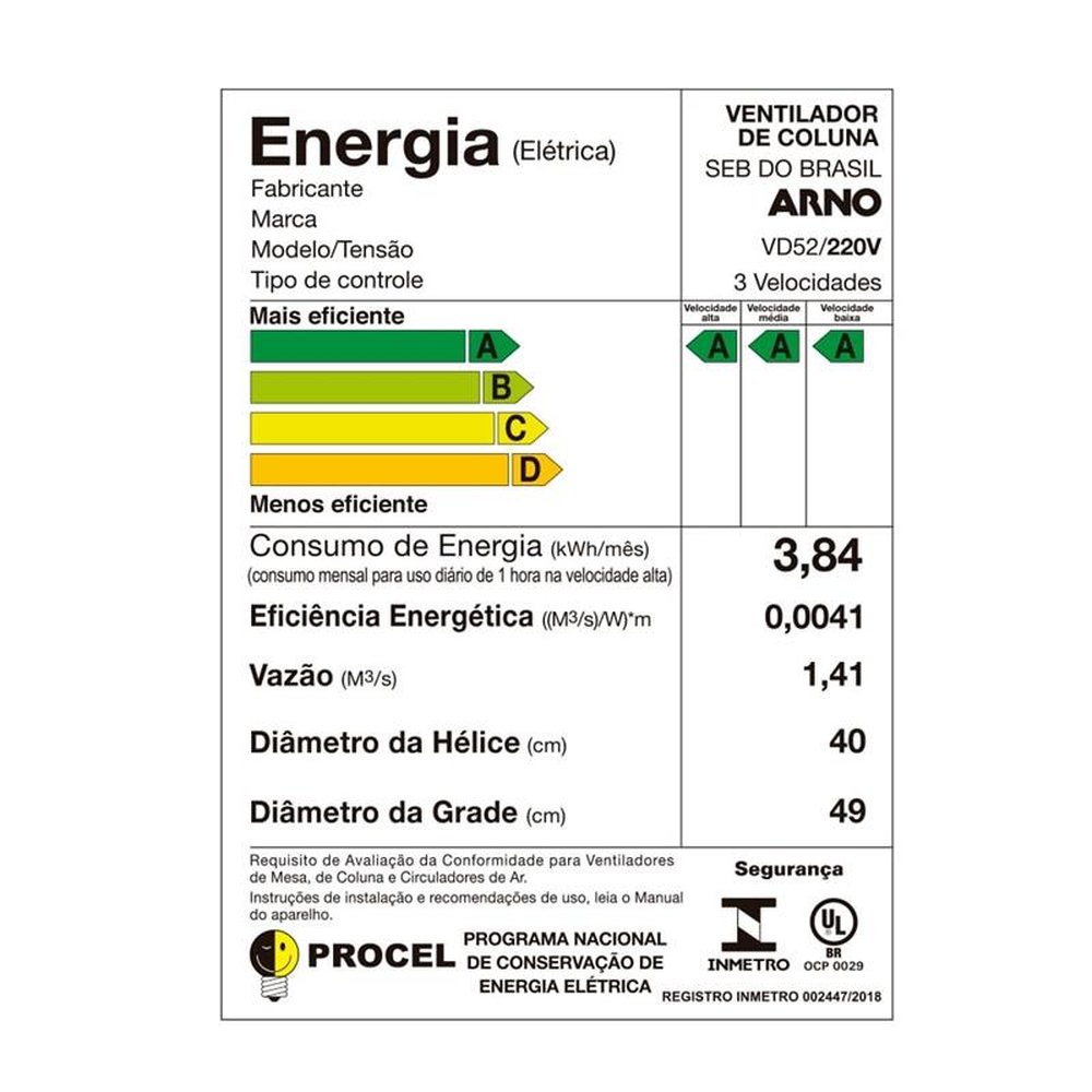 Ventilador de Coluna Arno Ultra Silence Force VD52, 50cm, 3 Velocidades, Preto 220V
