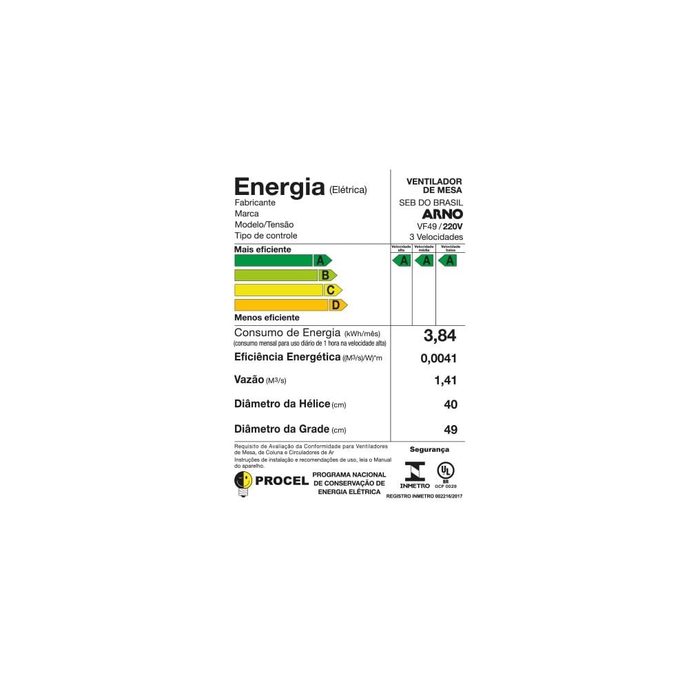 Ventilador de Mesa Arno VF49 Turbo Force, 40cm, 3 Velocidades, Preto 220V