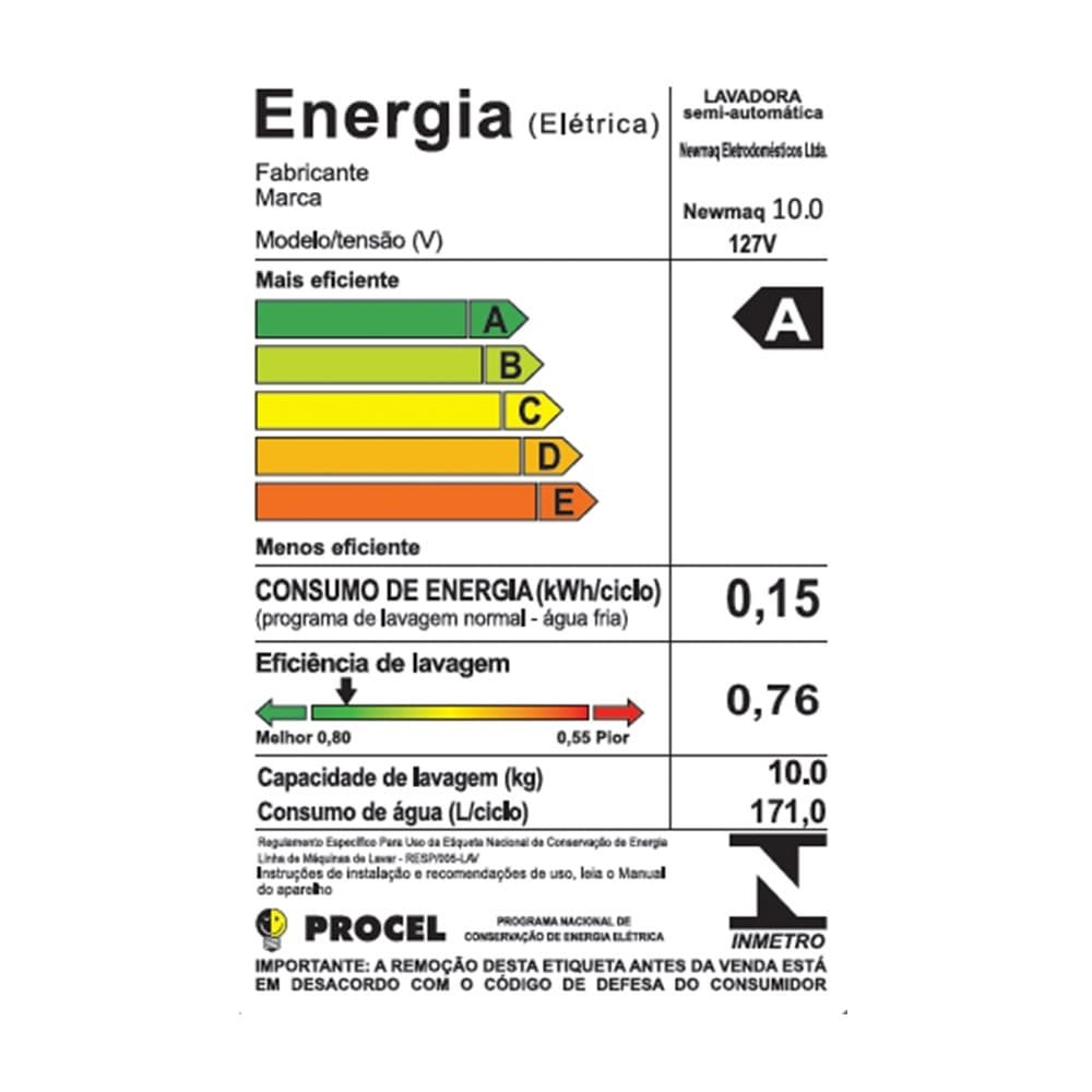 Tanquinho/Máquina de Lavar Roupas Semi-automática 10kg Newmaq, Preto, 110V
