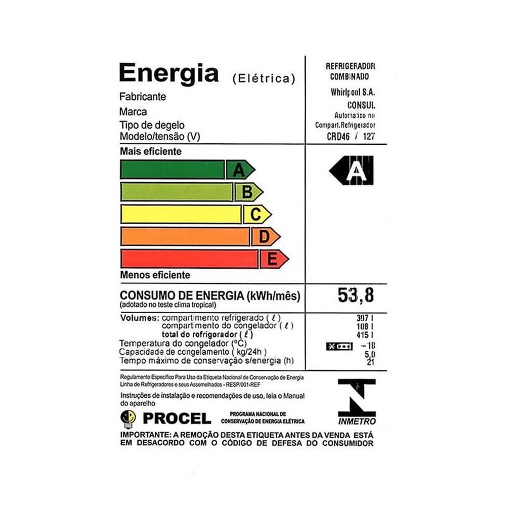 Geladeira/Refrigerador Consul 415 Litros CRD46, 2 Portas, Defrost, Branco, 110V