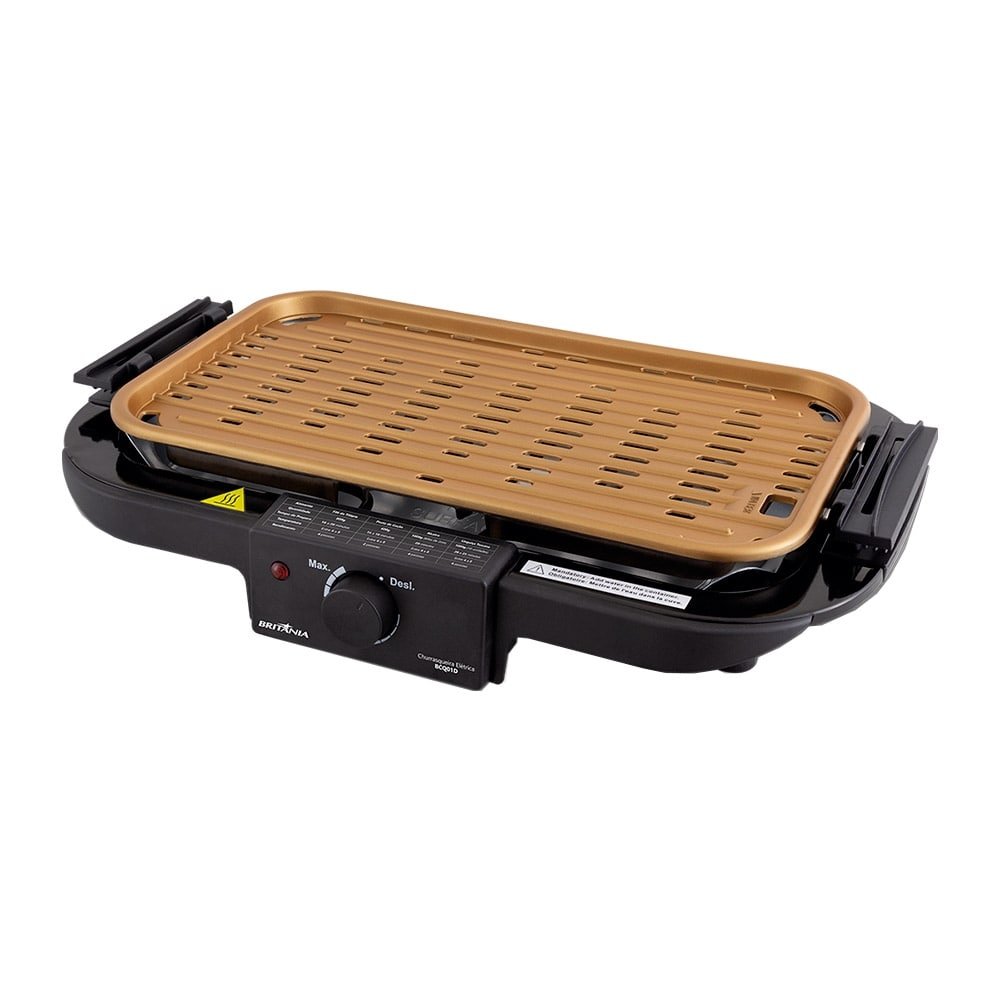 Churrasqueira Elétrica Britânia BCQ01D, Grelha Antiaderente, 1500W, Preto/Dourado, 110V