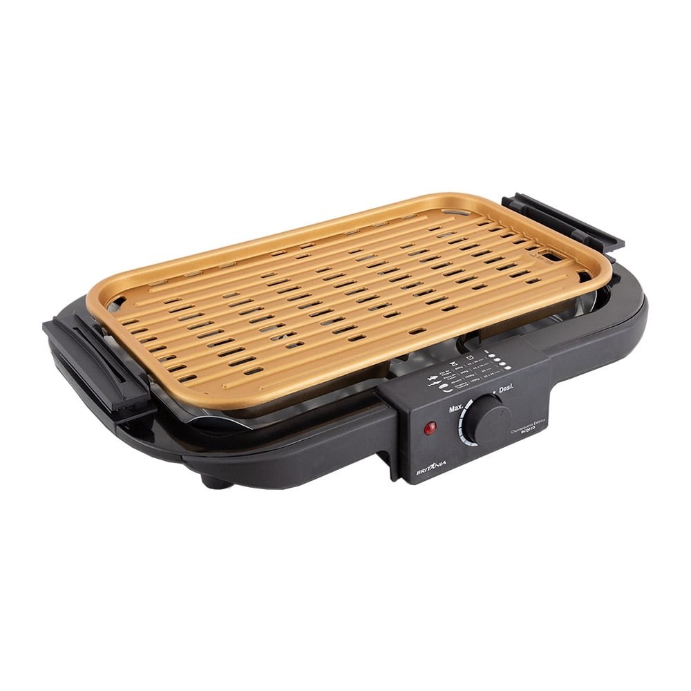 Churrasqueira Elétrica Britânia BCQ01D, Grelha Antiaderente, 1500W, Preto/Dourado, 110V