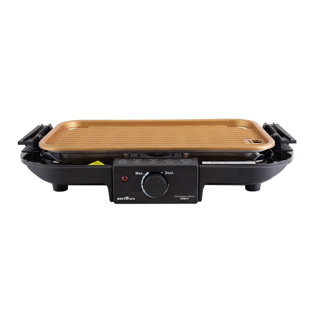 Churrasqueira Elétrica Britânia BCQ01D, Grelha Antiaderente, 1500W, Preto/Dourado, 110V