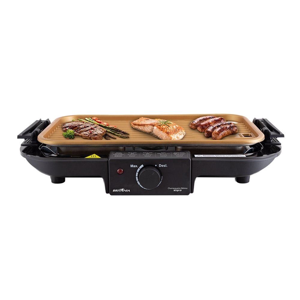 Churrasqueira Elétrica Britânia BCQ01D, Grelha Antiaderente, 1500W, Preto/Dourado, 110V