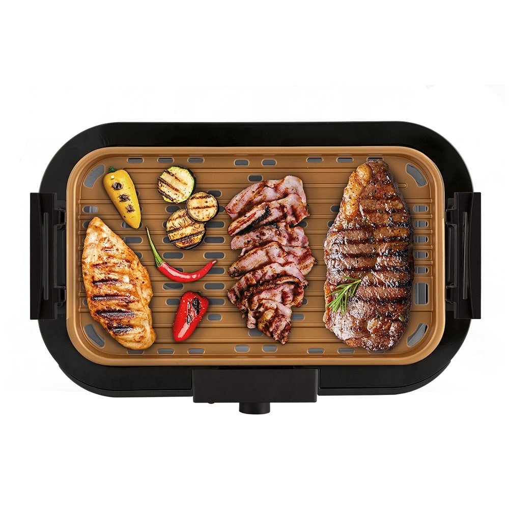 Churrasqueira Elétrica Britânia BCQ01D, Grelha Antiaderente, 1500W, Preto/Dourado, 110V