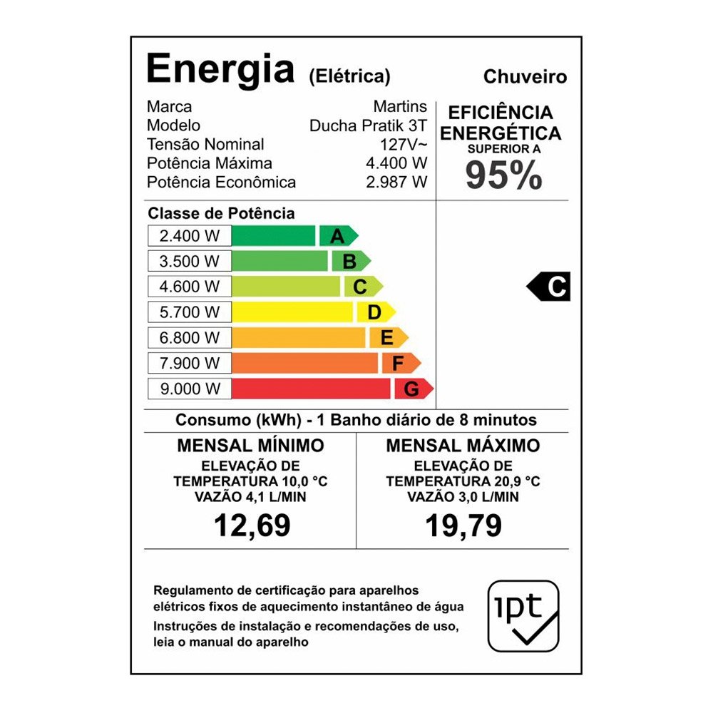 Chuveiro Ducha Pratik 3 Temperaturas, 4400W, Branco/Vinho, 110V