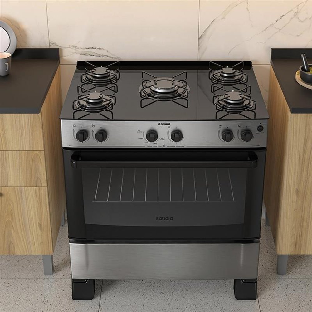 Fogão de Piso Itatiaia 5 Bocas Essencial, Mesa de Vidro, Acendimento Automático, Inox, Bivolt