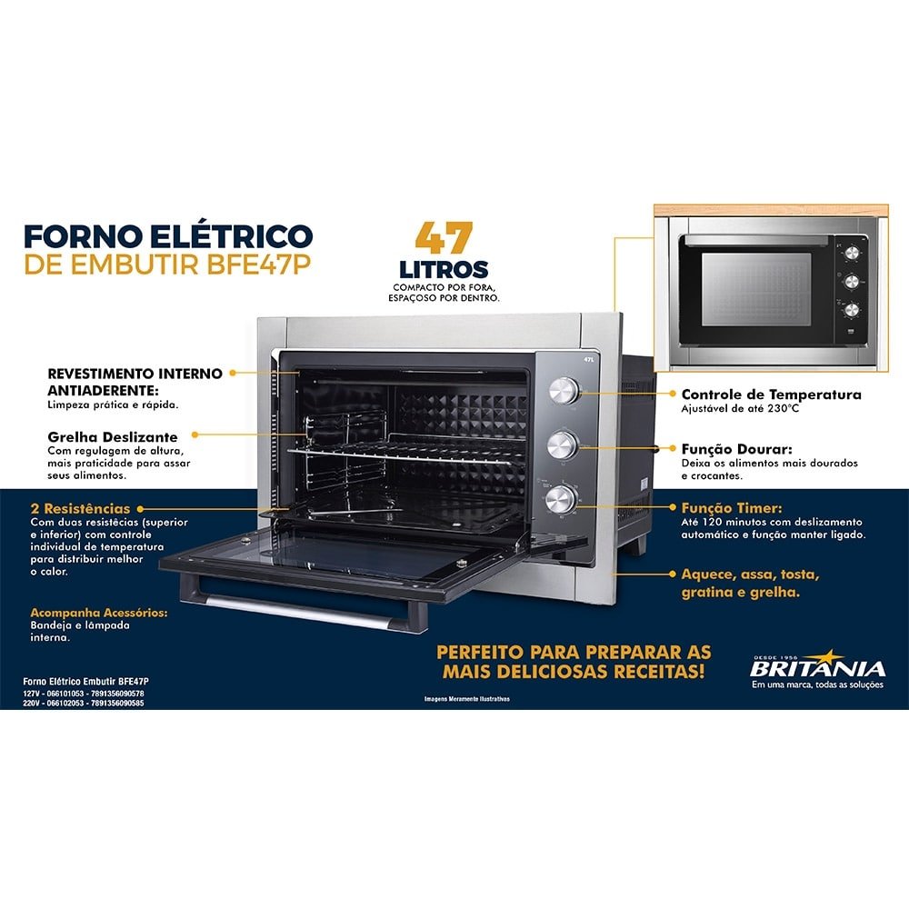 Forno Elétrico de Embutir Britânia 47 Litros BFE47P |  5 em 1, 1600W, 110V