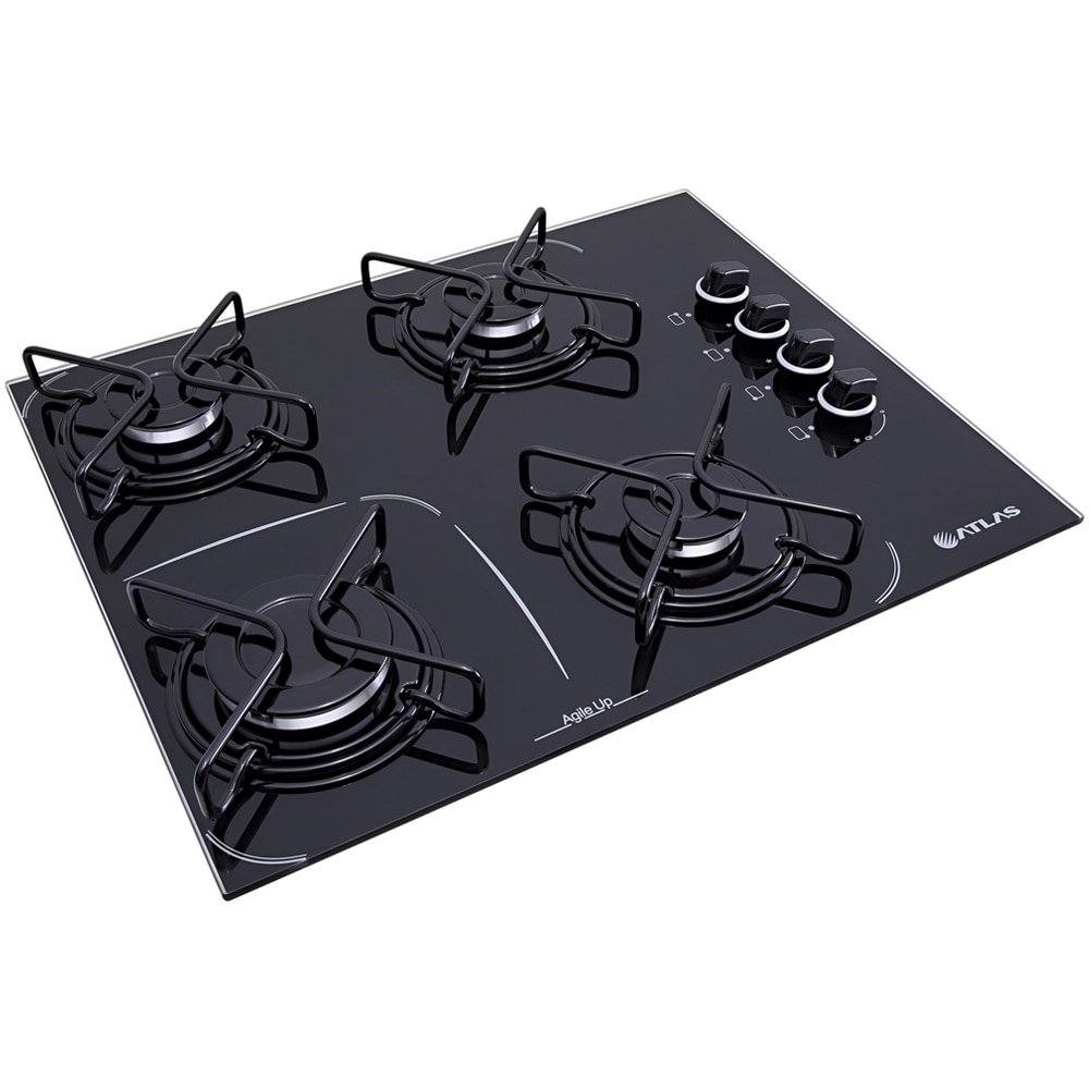 Cooktop Atlas 4 Bocas Agile UP Glass | Mesa de Vidro, Acendimento Automático, Preto, Bivolt
