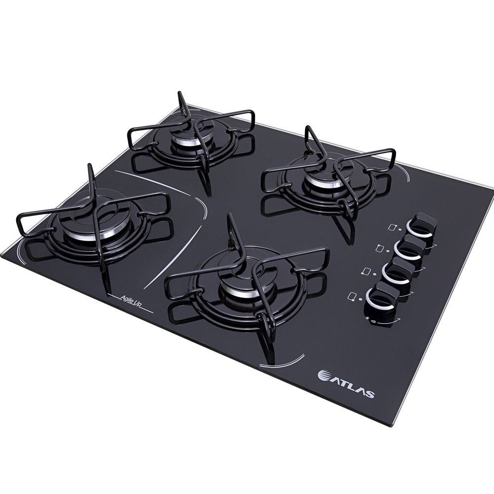 Cooktop Atlas 4 Bocas Agile UP Glass | Mesa de Vidro, Acendimento Automático, Preto, Bivolt