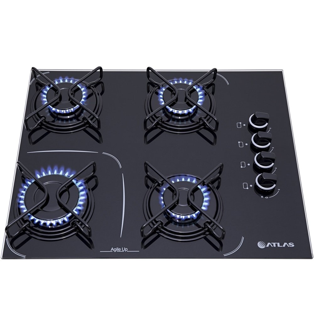 Cooktop Atlas 4 Bocas Agile UP Glass | Mesa de Vidro, Acendimento Automático, Preto, Bivolt