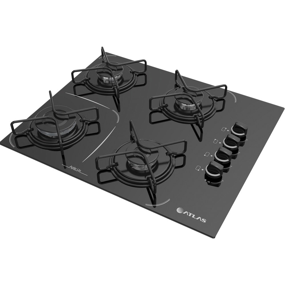 Cooktop Atlas 4 Bocas Agile UP Glass | Mesa de Vidro, Acendimento Automático, Preto, Bivolt