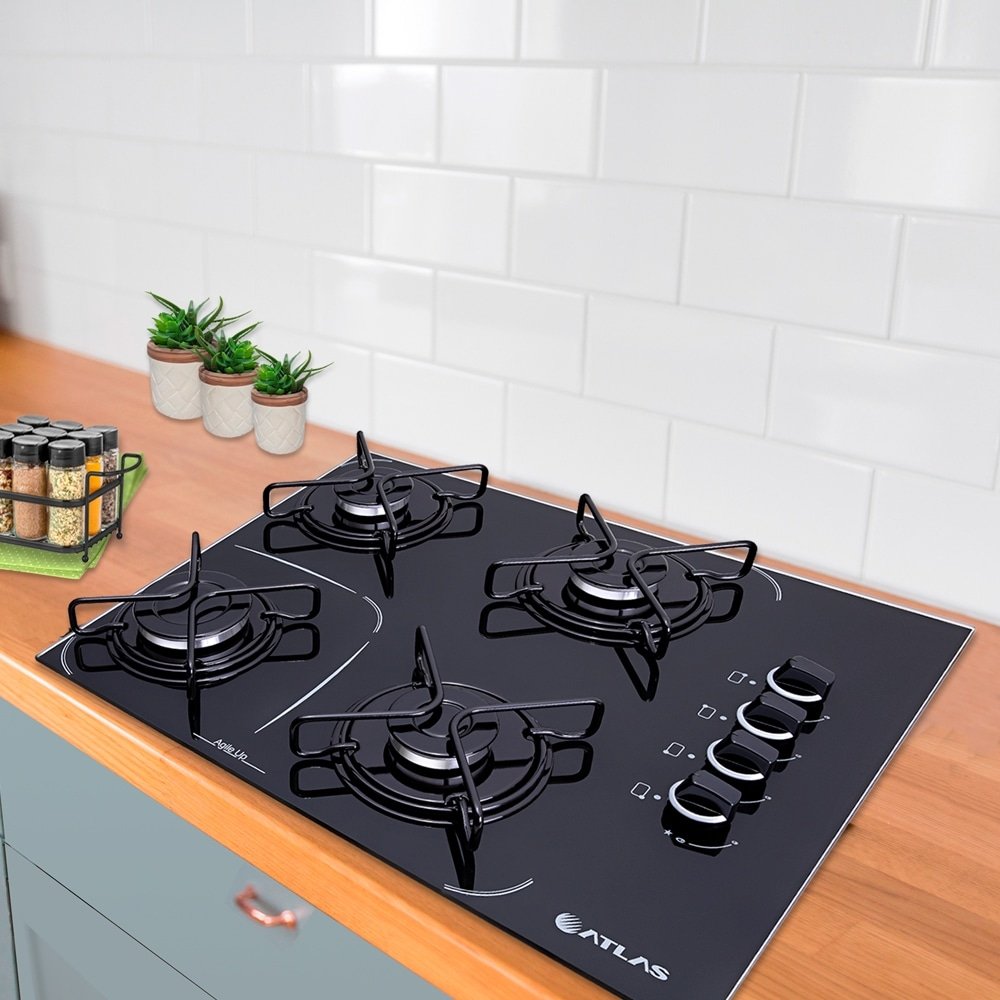 Cooktop Atlas 4 Bocas Agile UP Glass | Mesa de Vidro, Acendimento Automático, Preto, Bivolt