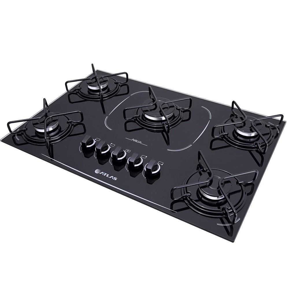 Cooktop Atlas 5 Bocas Agile UP Glass | Mesa de Vidro, Acendimento Automático, Preto, Bivolt