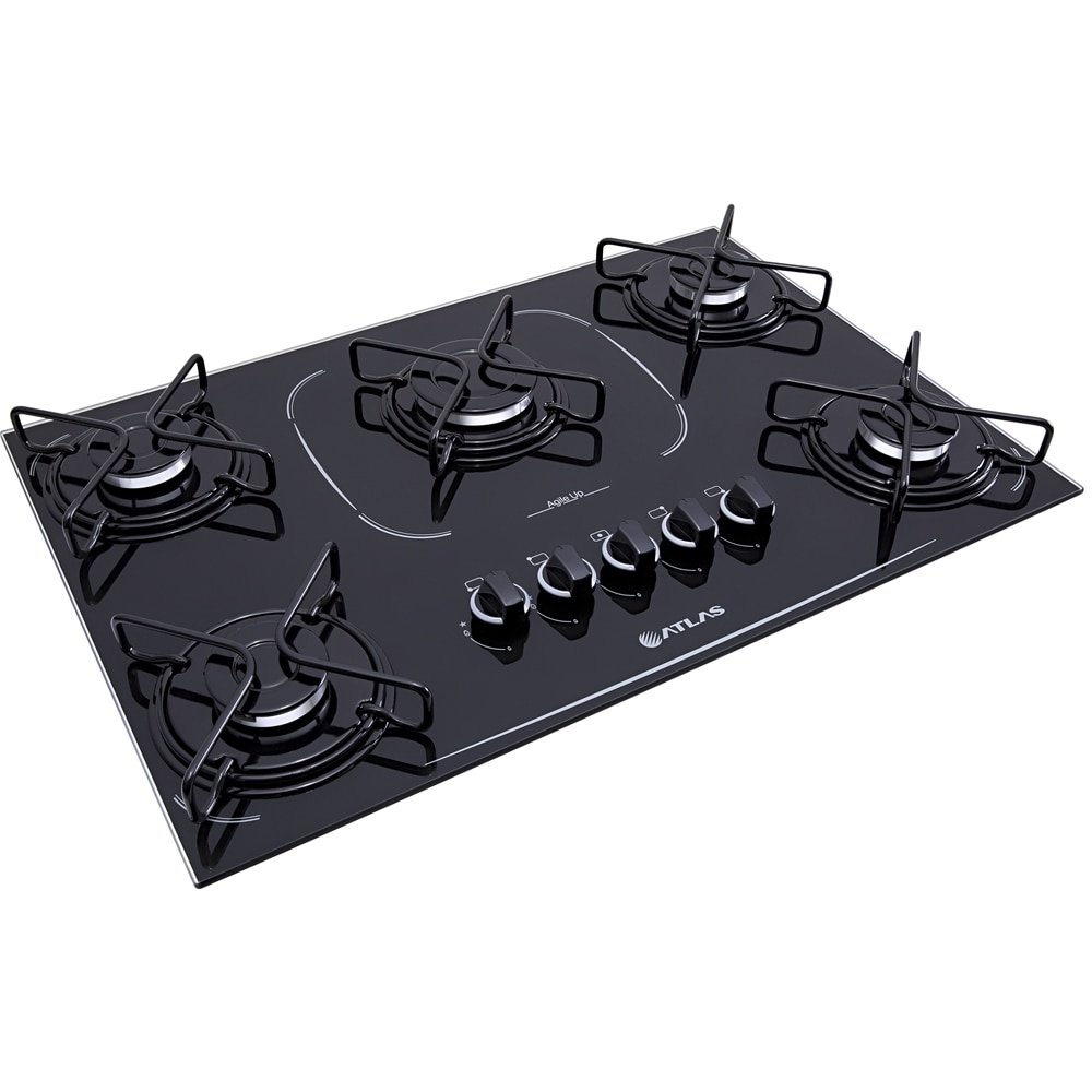 Cooktop Atlas 5 Bocas Agile UP Glass | Mesa de Vidro, Acendimento Automático, Preto, Bivolt