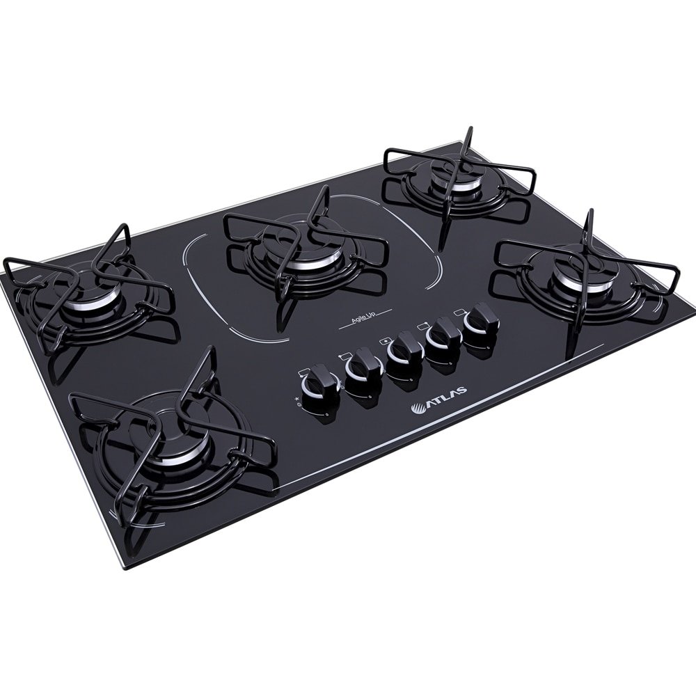 Cooktop Atlas 5 Bocas Agile UP Glass | Mesa de Vidro, Acendimento Automático, Preto, Bivolt