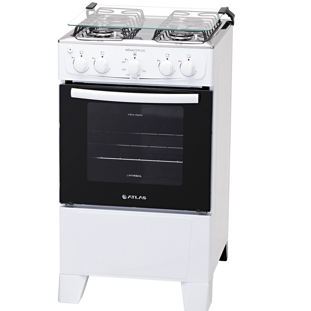 Fogão de Piso Atlas 4 Bocas Mônaco - Mesa de Inox, Acendimento Automático, Branco, Bivolt
