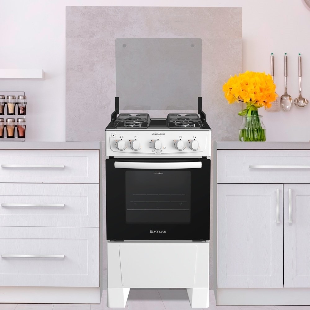 Fogão de Piso Atlas 4 Bocas Mônaco - Mesa de Inox, Acendimento Automático, Branco, Bivolt