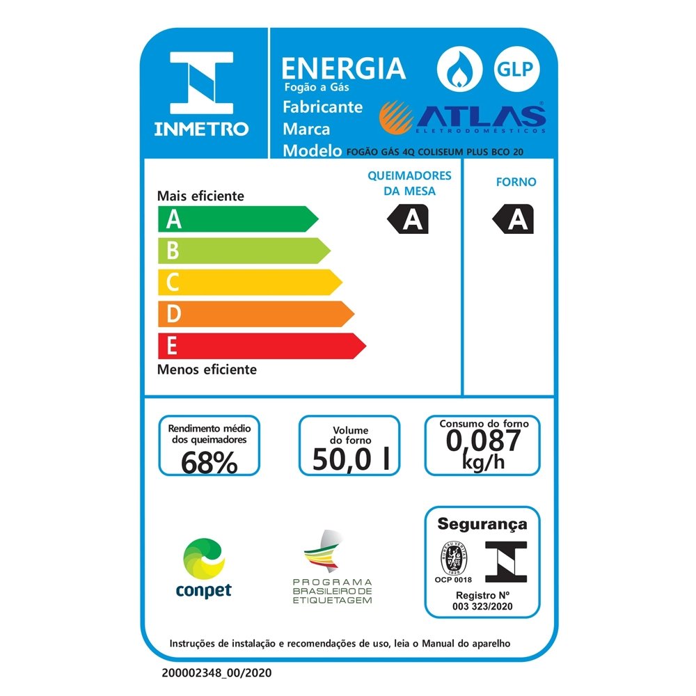 Fogão de Piso Atlas 4 Bocas Mônaco - Mesa de Inox, Acendimento Automático, Branco, Bivolt