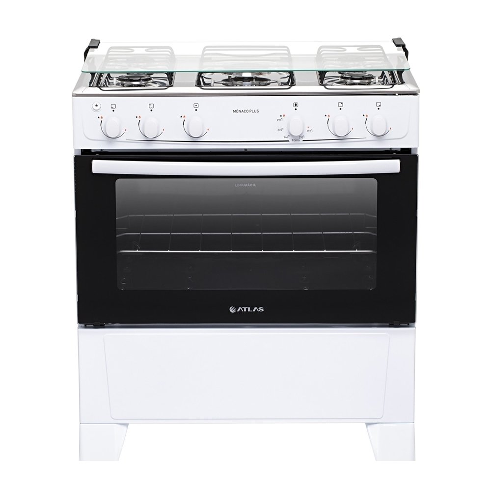 Fogão de Piso Atlas 5 Bocas Mônaco Plus - Mesa de Inox, Acendimento Automático, Branco, Bivolt