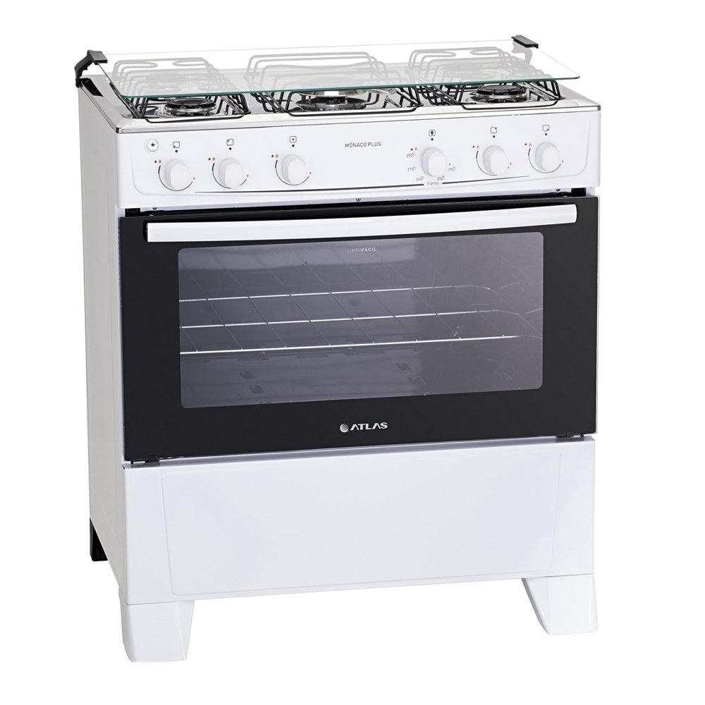 Fogão de Piso Atlas 5 Bocas Mônaco Plus - Mesa de Inox, Acendimento Automático, Branco, Bivolt