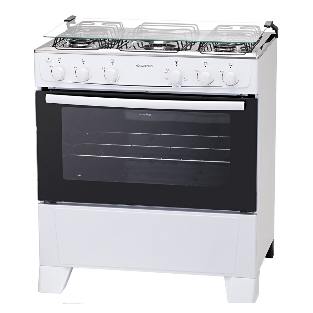Fogão de Piso Atlas 5 Bocas Mônaco Plus - Mesa de Inox, Acendimento Automático, Branco, Bivolt