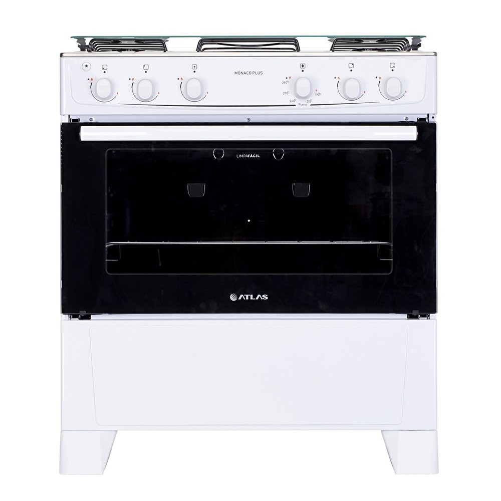 Fogão de Piso Atlas 5 Bocas Mônaco Plus - Mesa de Inox, Acendimento Automático, Branco, Bivolt