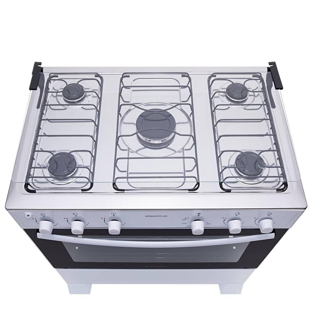 Fogão de Piso Atlas 5 Bocas Mônaco Plus - Mesa de Inox, Acendimento Automático, Branco, Bivolt