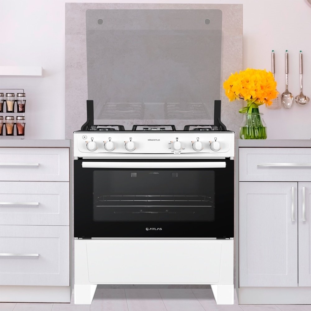 Fogão de Piso Atlas 5 Bocas Mônaco Plus - Mesa de Inox, Acendimento Automático, Branco, Bivolt