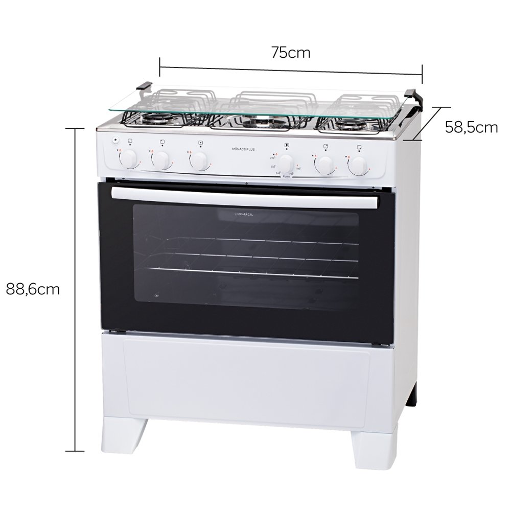 Fogão de Piso Atlas 5 Bocas Mônaco Plus - Mesa de Inox, Acendimento Automático, Branco, Bivolt