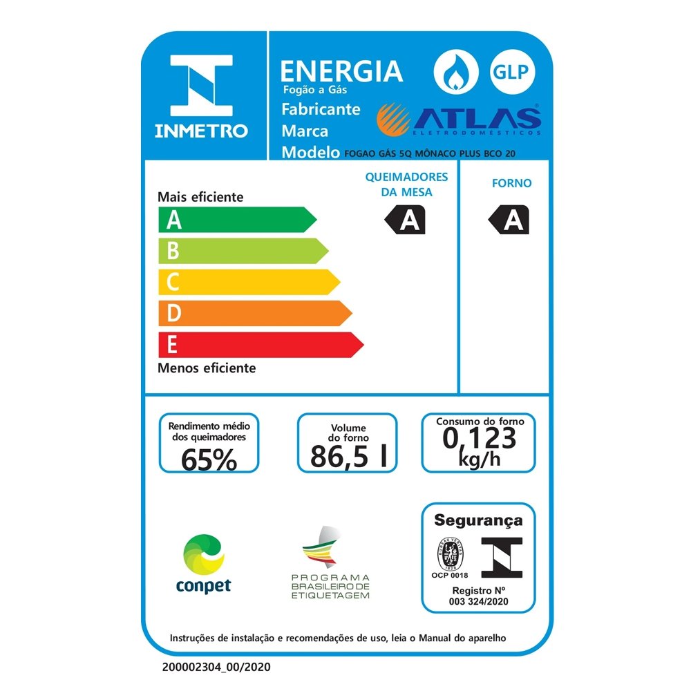 Fogão de Piso Atlas 5 Bocas Mônaco Plus - Mesa de Inox, Acendimento Automático, Branco, Bivolt