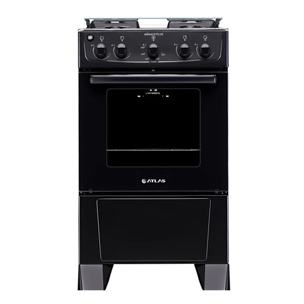 Fogão de Piso Atlas 4 Bocas Mônaco - Mesa de Inox, Preto, Bivolt