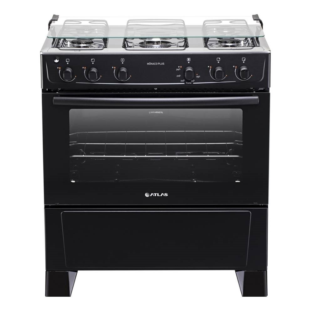 Fogão de Piso Atlas 5 Bocas Mônaco Plus - Mesa de Inox, Acendimento Automático, Preto, Bivolt