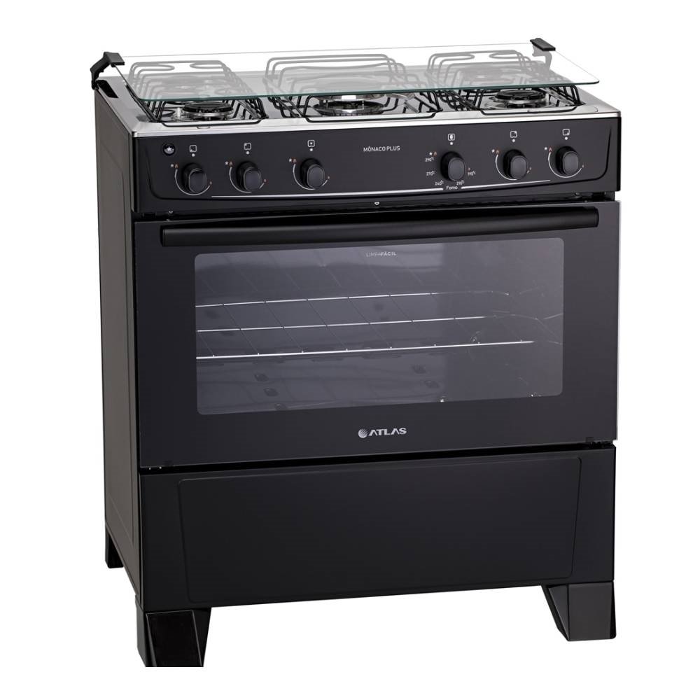 Fogão de Piso Atlas 5 Bocas Mônaco Plus - Mesa de Inox, Acendimento Automático, Preto, Bivolt