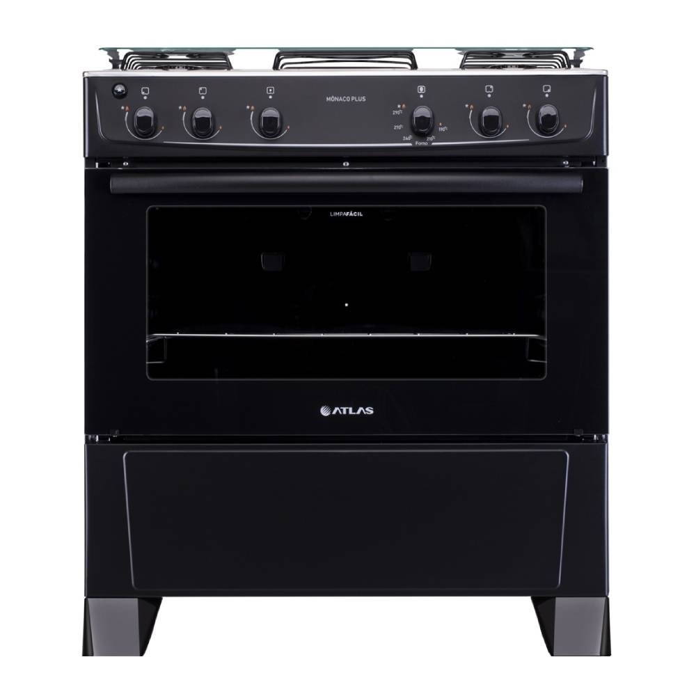 Fogão de Piso Atlas 5 Bocas Mônaco Plus - Mesa de Inox, Acendimento Automático, Preto, Bivolt