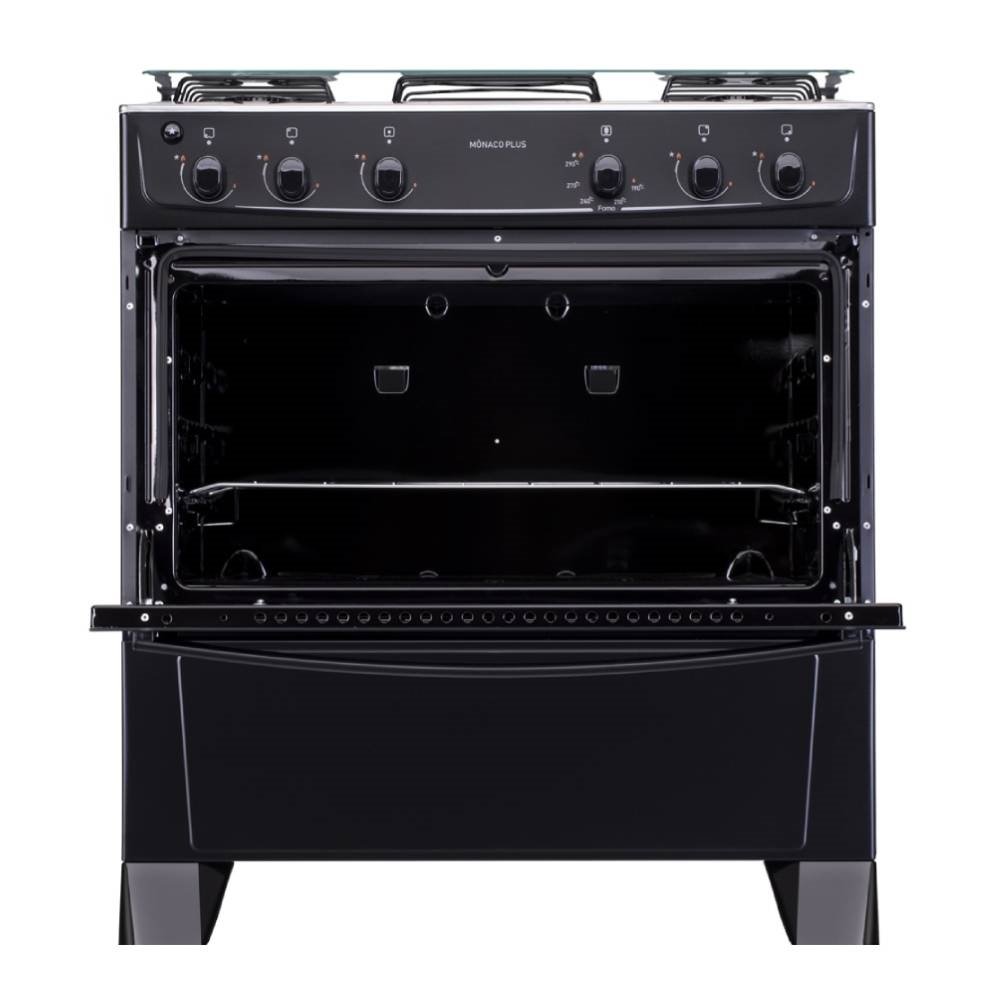 Fogão de Piso Atlas 5 Bocas Mônaco Plus - Mesa de Inox, Acendimento Automático, Preto, Bivolt