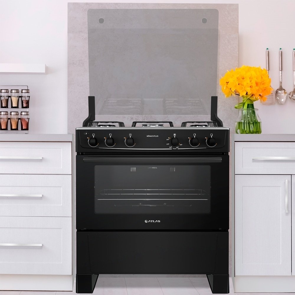 Fogão de Piso Atlas 5 Bocas Mônaco Plus - Mesa de Inox, Acendimento Automático, Preto, Bivolt